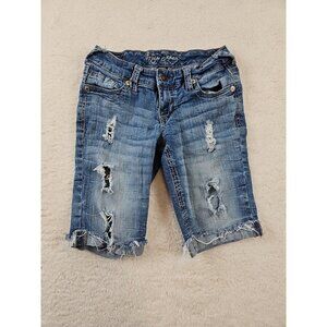 Ariya Jeans Cuffed Bermuda Shorts Womens 3/4 Distressed Denim Embroidered Pocket